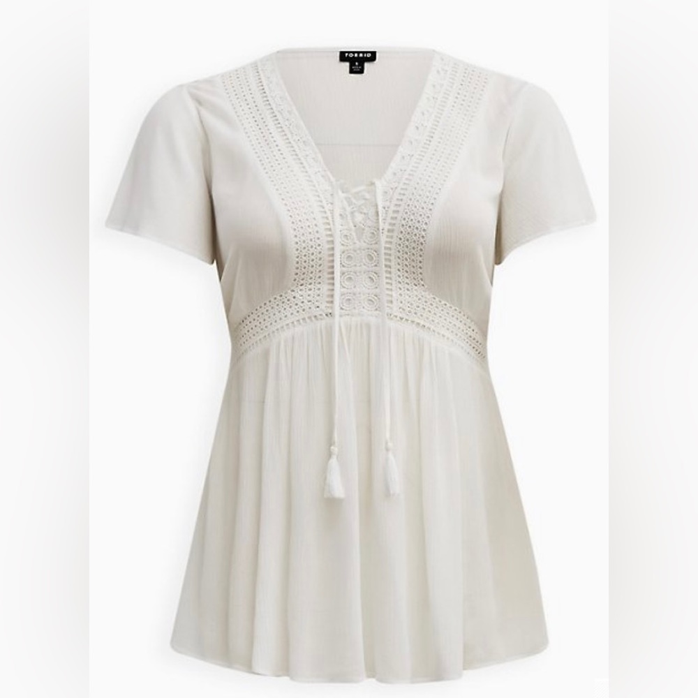 NWT Size 5X, Babydoll Crinkle Gauze Crochet Inset Lace-Up Top